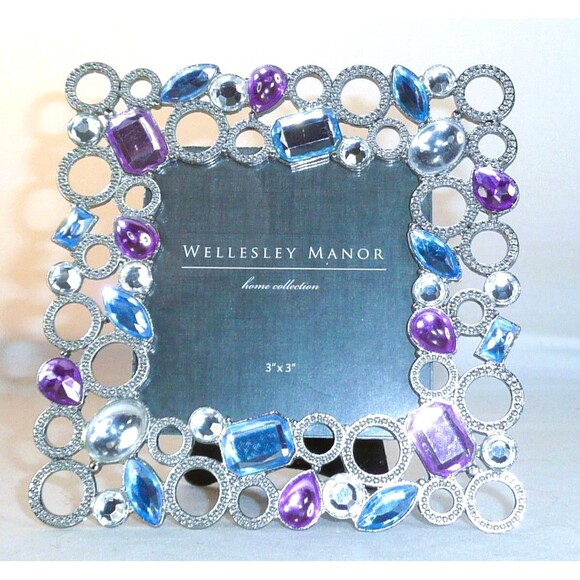 Wellesley Manor Blue Purple Jeweled Silver Rings 3x3 square Photo Frame Sparkle - Picture 2 of 5